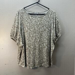 J JILL Sz XL Luxe Short Sleeve‎ Brown Floral Birds Puffed Sleeves Scoop Neck